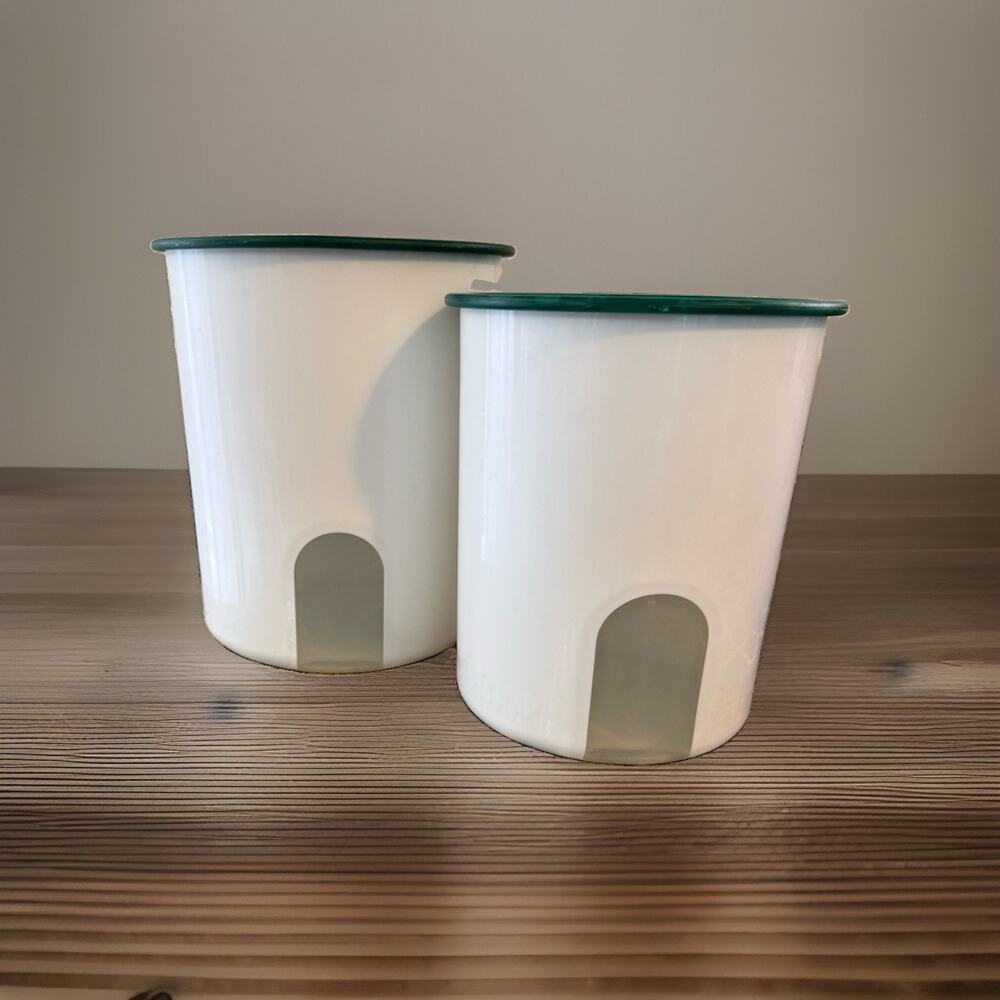 Vintage Tupperware Reminder Canisters Set of 2 White With Green Lids Granny Core